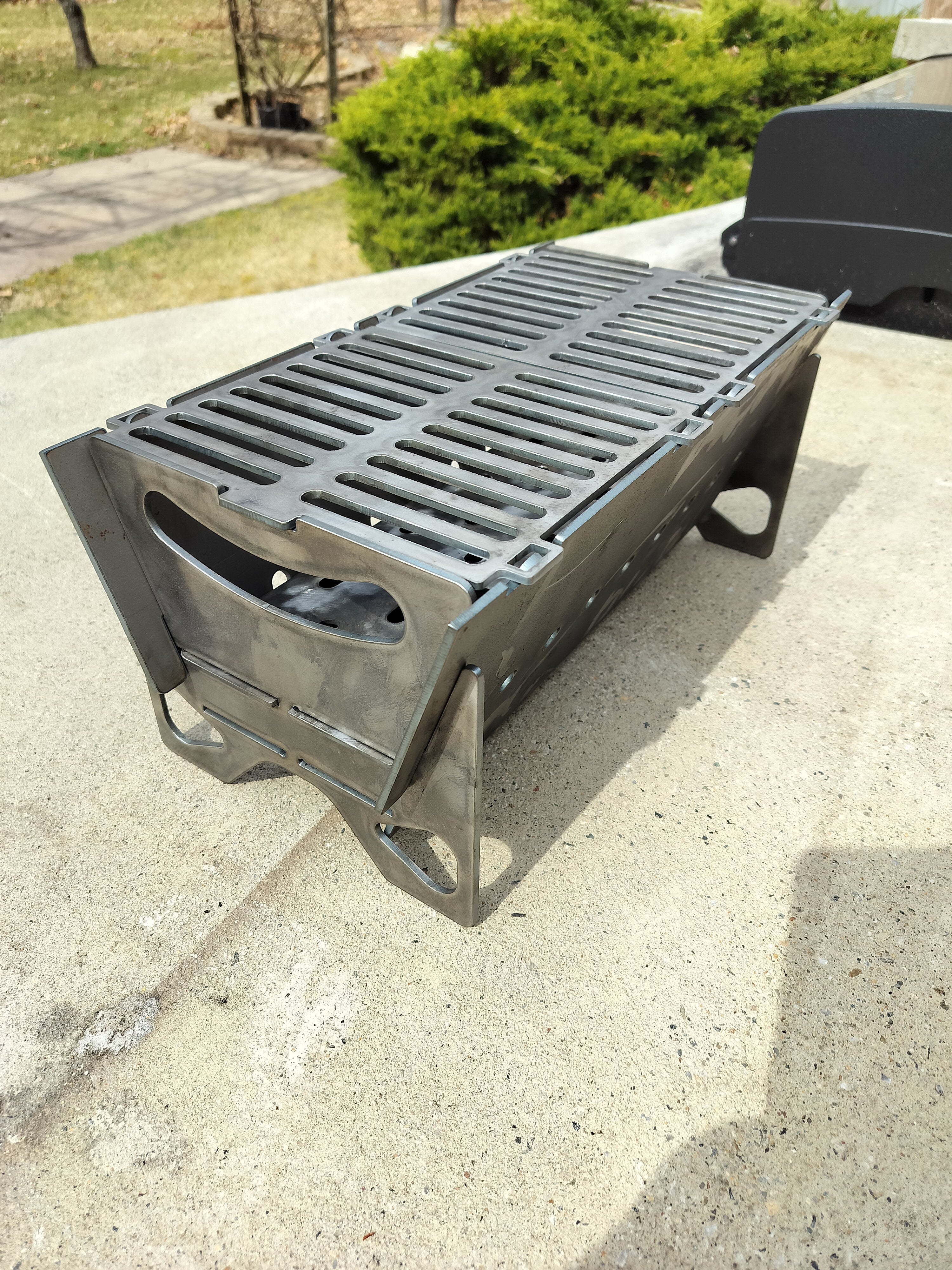Small charcoal grill 16"x8.5" cooktop stores flat heavy duty construction 1/8" steel