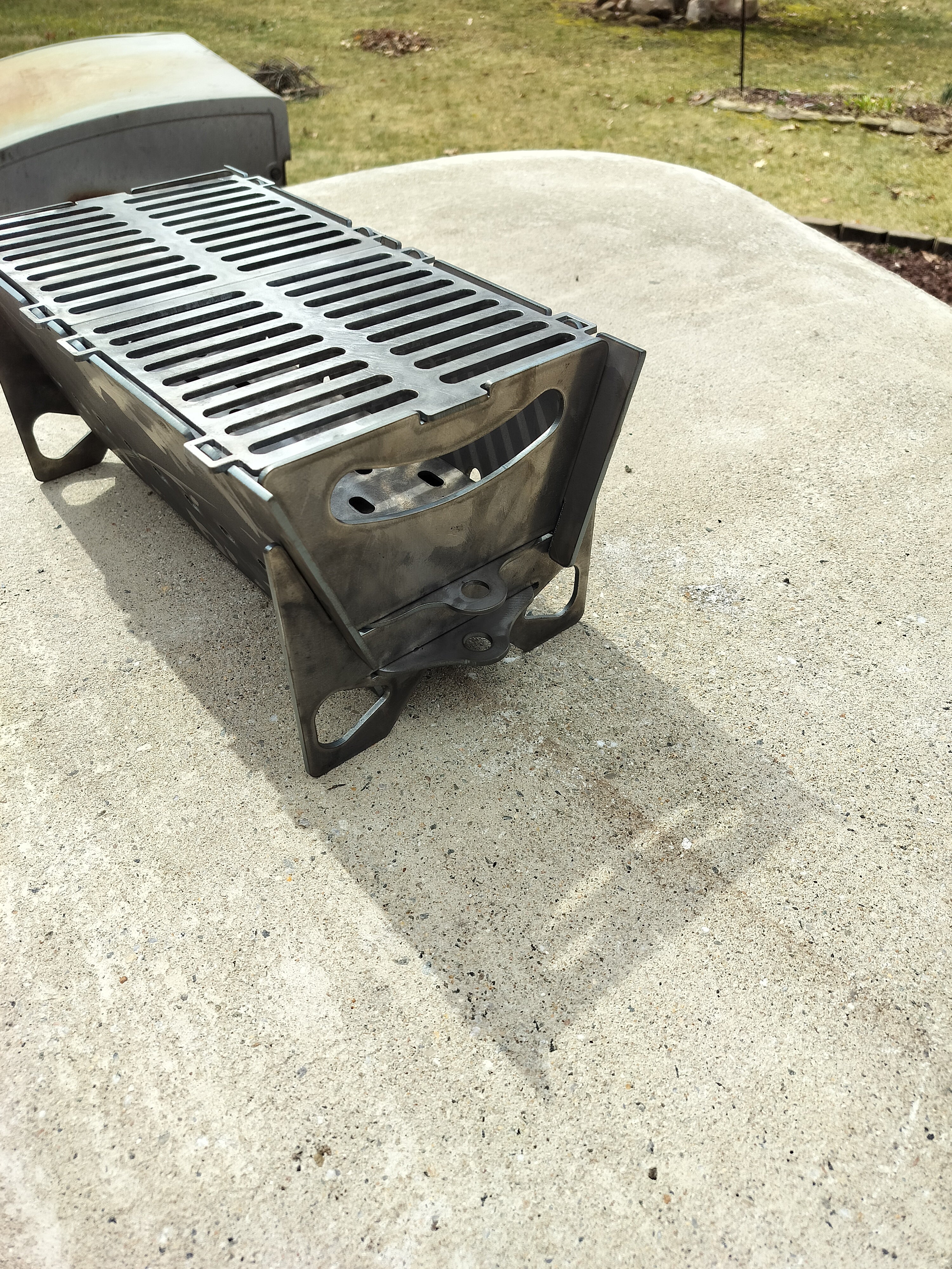 Small charcoal grill 16"x8.5" cooktop stores flat heavy duty construction 1/8" steel