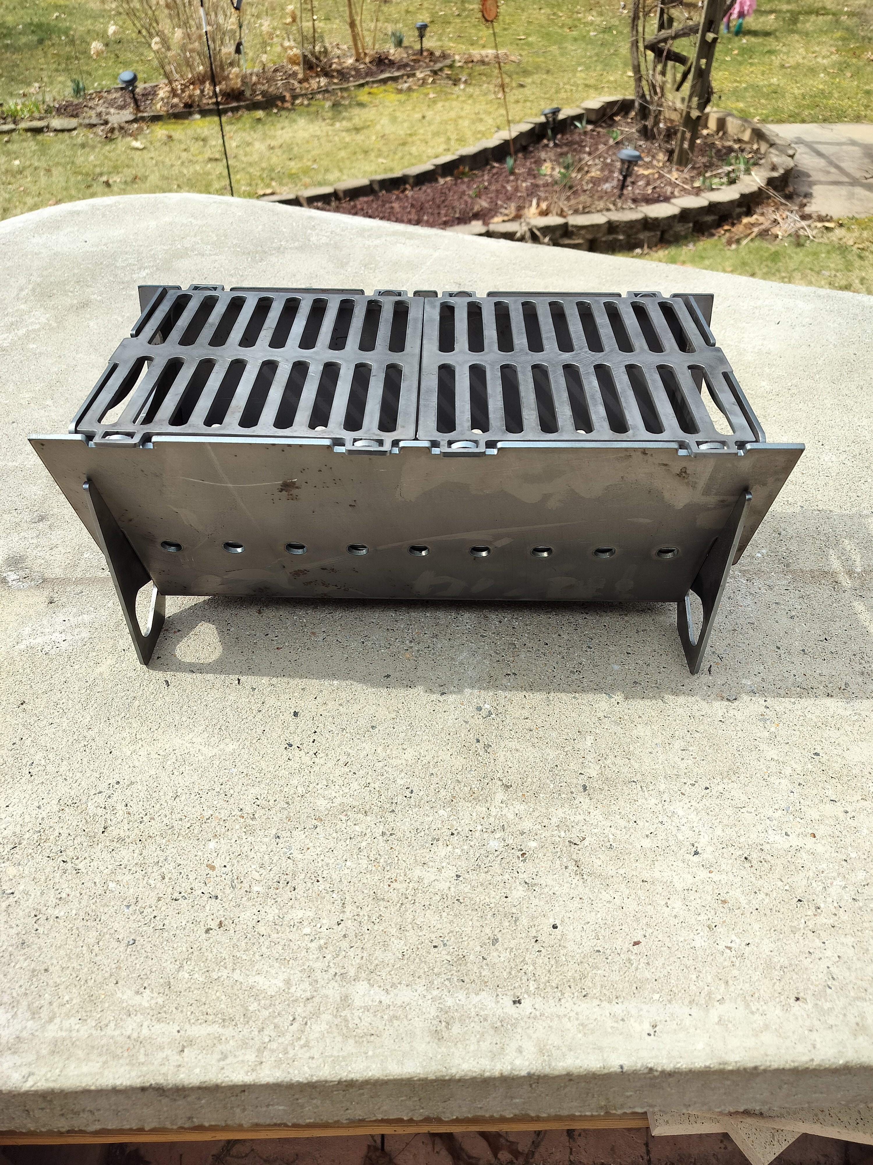 Small charcoal grill 16"x8.5" cooktop stores flat heavy duty construction 1/8" steel