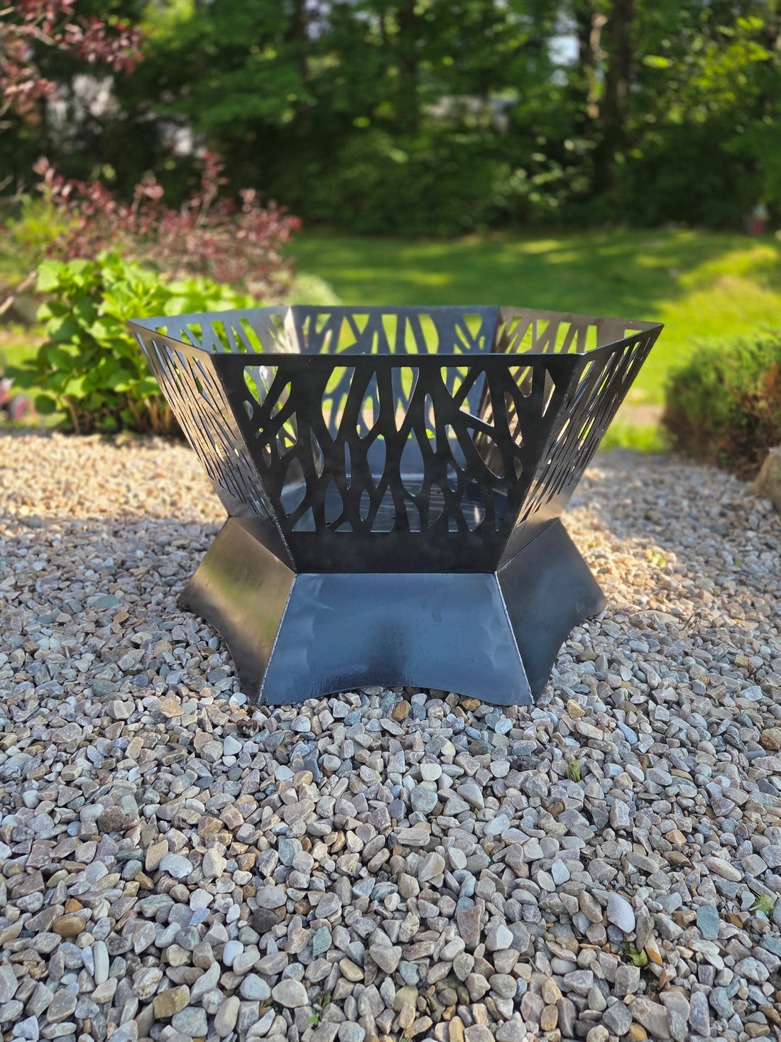 36&quot; hexagon firepit with cutouts. 24&quot; tall